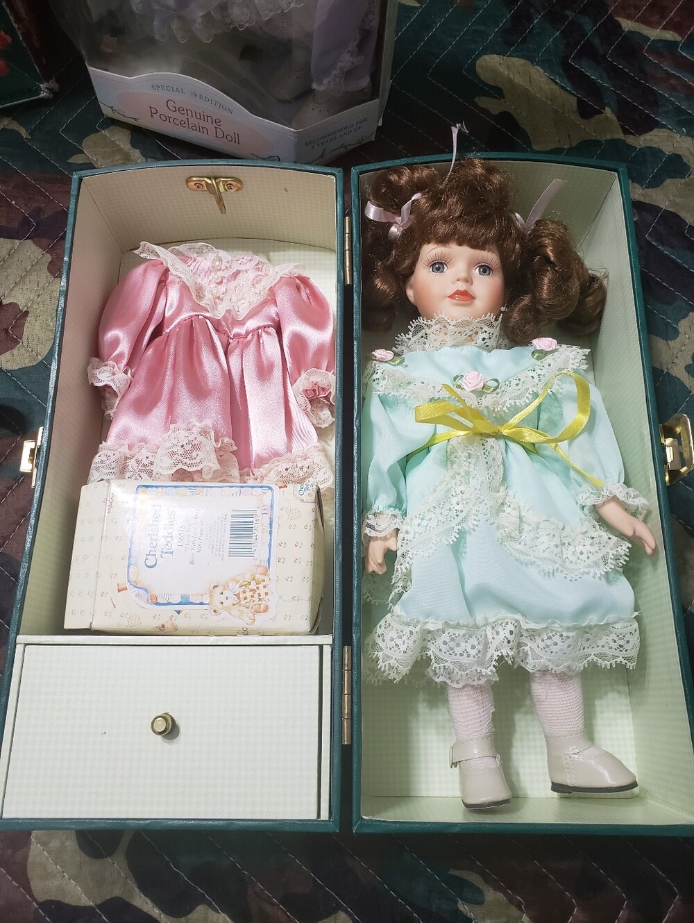 Porcelain Collector Doll with Mint Green Dress and Pink Accessories